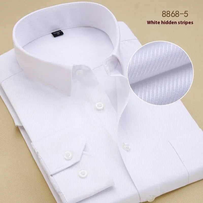 Men's black long sleeve cotton business shirt with a regular slim fit on a hanger.
