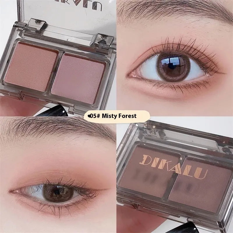 Two-tone eyeshadow palette showing five colour combinations including pink and black shades