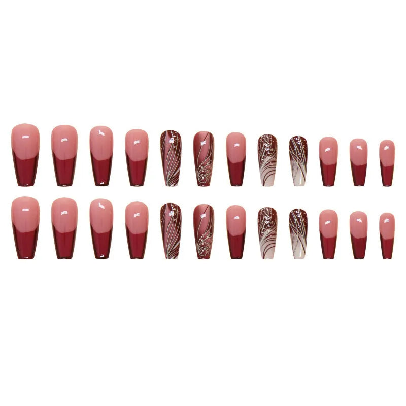 French line pattern fake nails with glue adhesive in simple European and American style