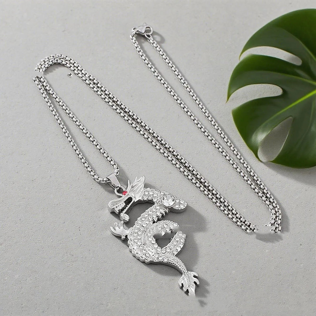 Silver alloy dragon-shaped pendant necklace with red eye detail and regular chain
