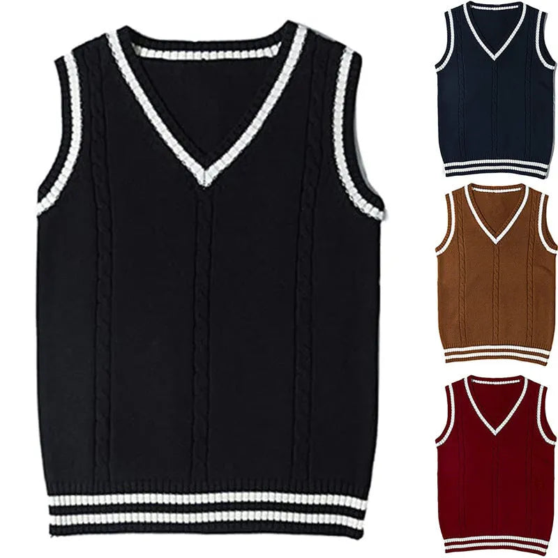 Women's slim fit V-neck acrylic waistcoat sweater with striped stitching in wine red.