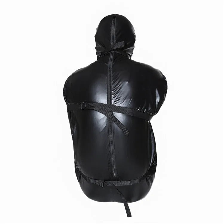 Black patent leather bondage restraint kit with body wrap and six ratchet tie down straps