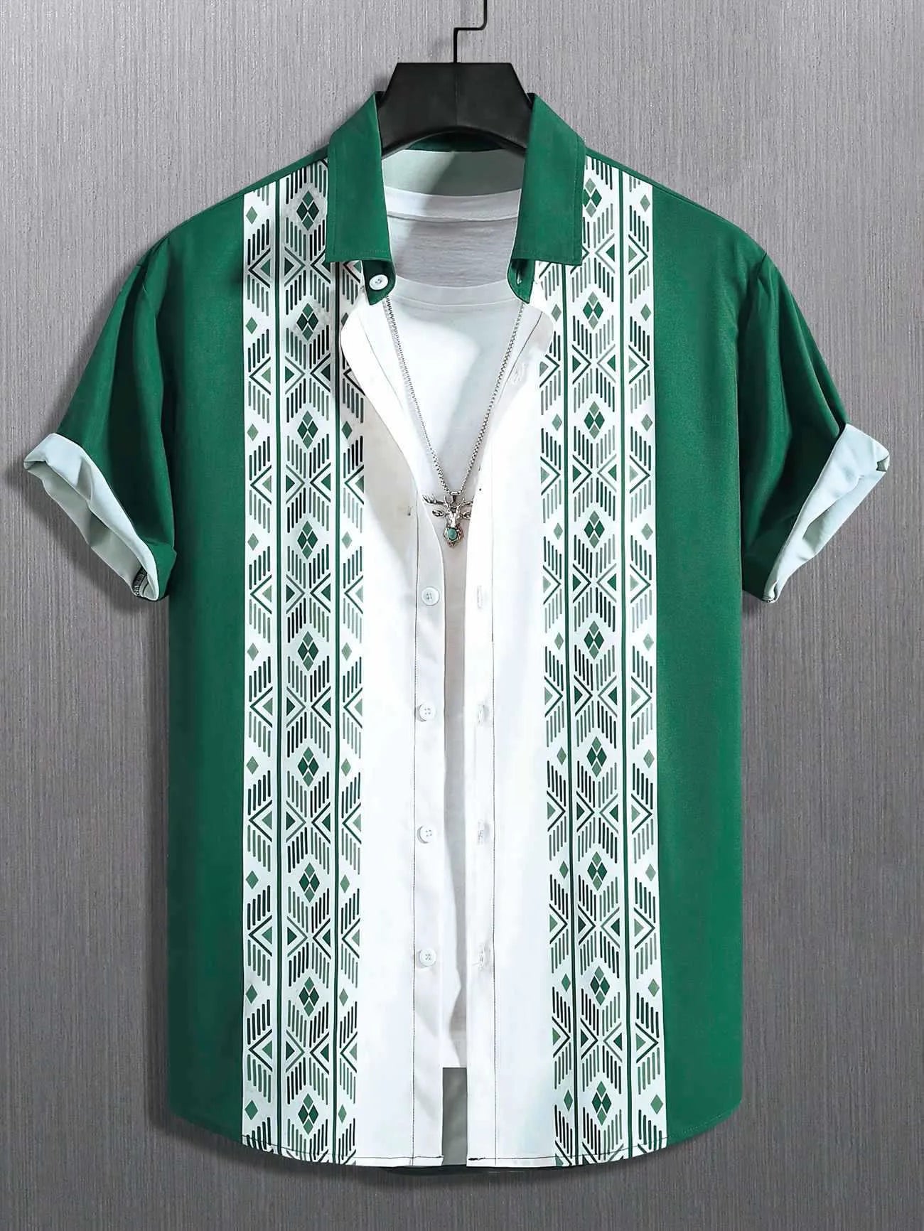 Men's loose fit plaid short-sleeve shirt with cardigan lapel in stretch polyester fabric