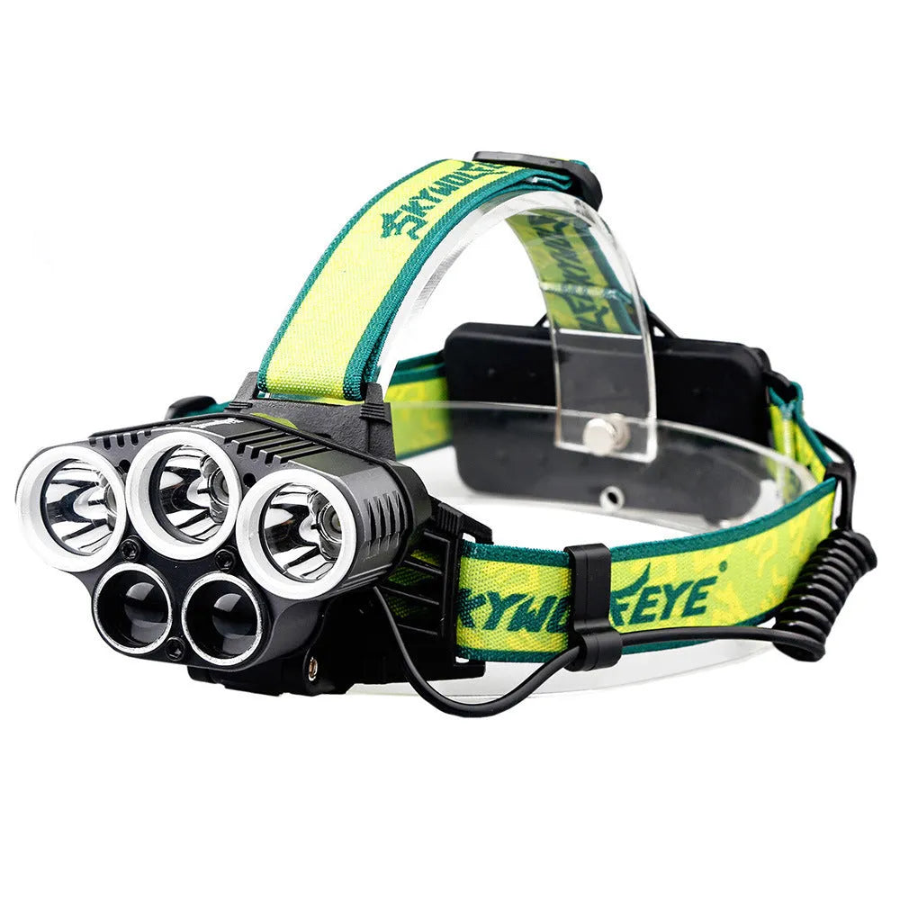 Yellow-green USB rechargeable outdoor headlamp with 5 LEDs on an adjustable head strap.