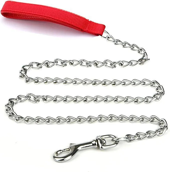 Heavy duty metal dog leash chain with a soft black padded handle