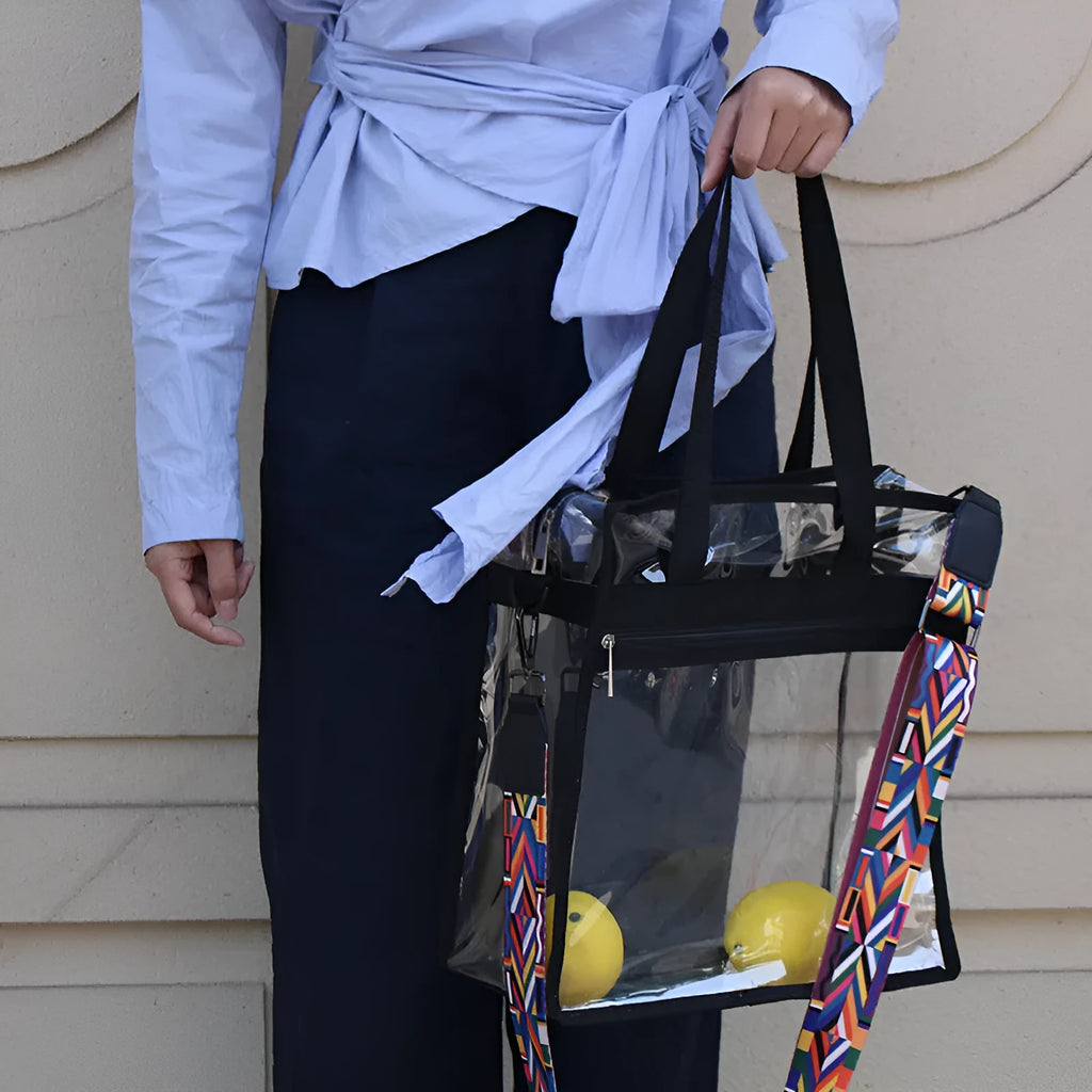 Women's transparent PVC shoulder messenger bag with double connector straps in horizontal square shape