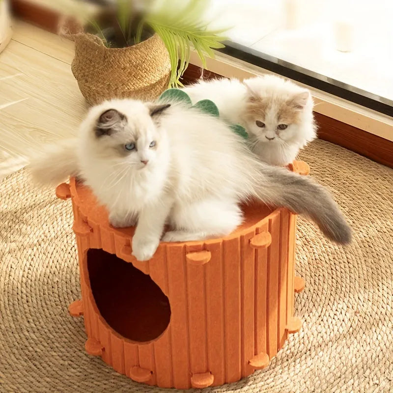 Carrot-shaped semi-enclosed felt cat tunnel bed on a floor
