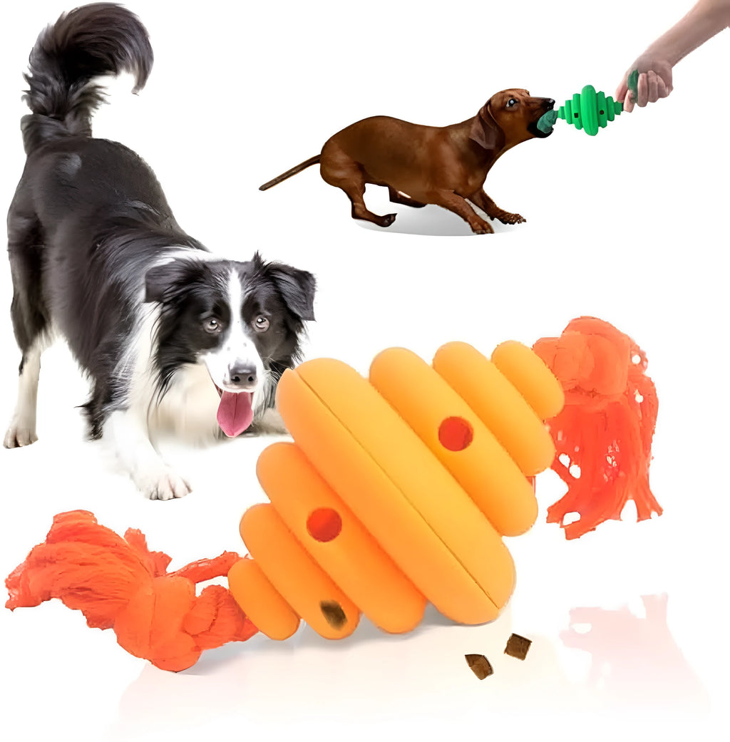Green and yellow dog ball with attached rope for interactive play and food dispensing