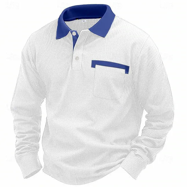 Men's long-sleeved waffle texture polo shirt with asymmetric design in available colours