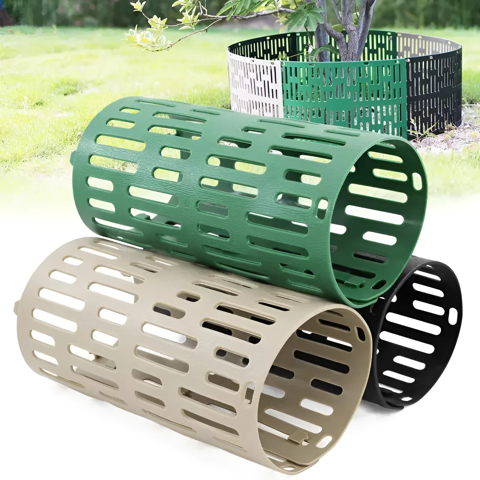 Plastic simulated bark tree protective cover in green colour for outdoor use