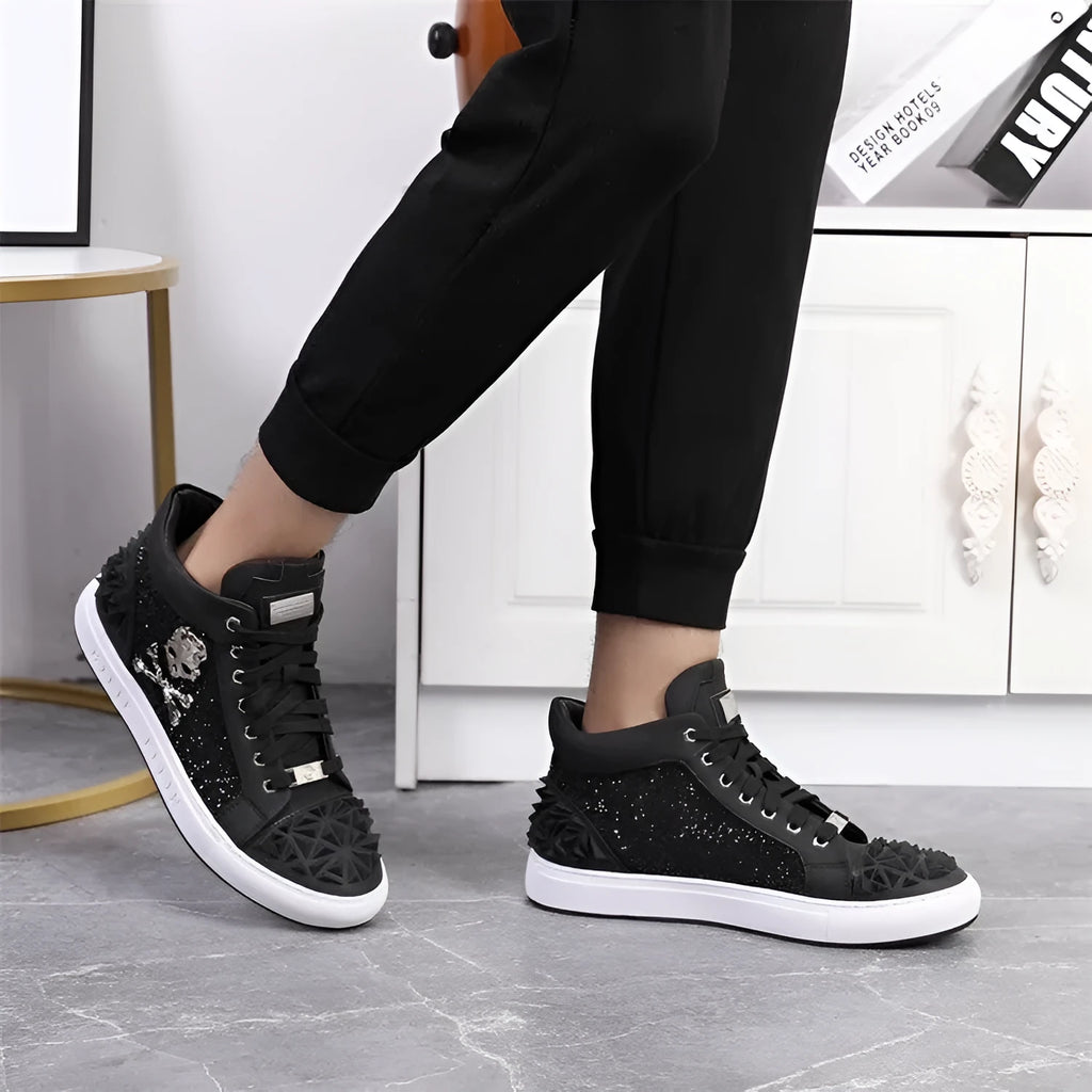 Men's black leather high top skeleton shoes with lace-up closure and rubber sole