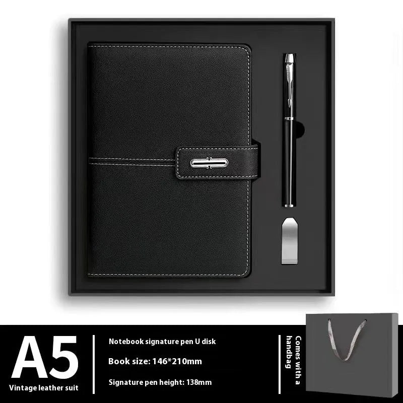 Customisable A5 notebook with PU leather cover in choice of colours, featuring wood-free paper.