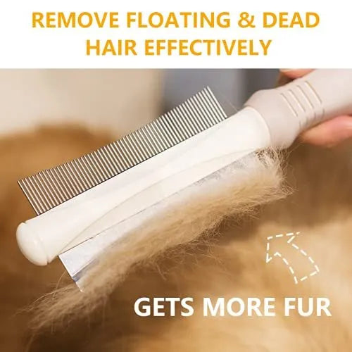 White 2-in-1 professional pet grooming brush with curved comb and deshedding brush sides on a textured handle.