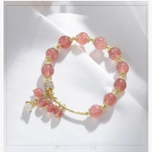 Pink strawberry quartz heart-shaped women's bracelet with natural pearl accents