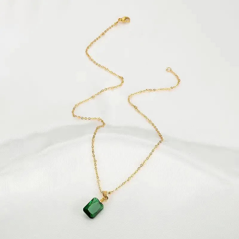 Rectangular copper geometric pendant necklace with green finish and O-ring chain