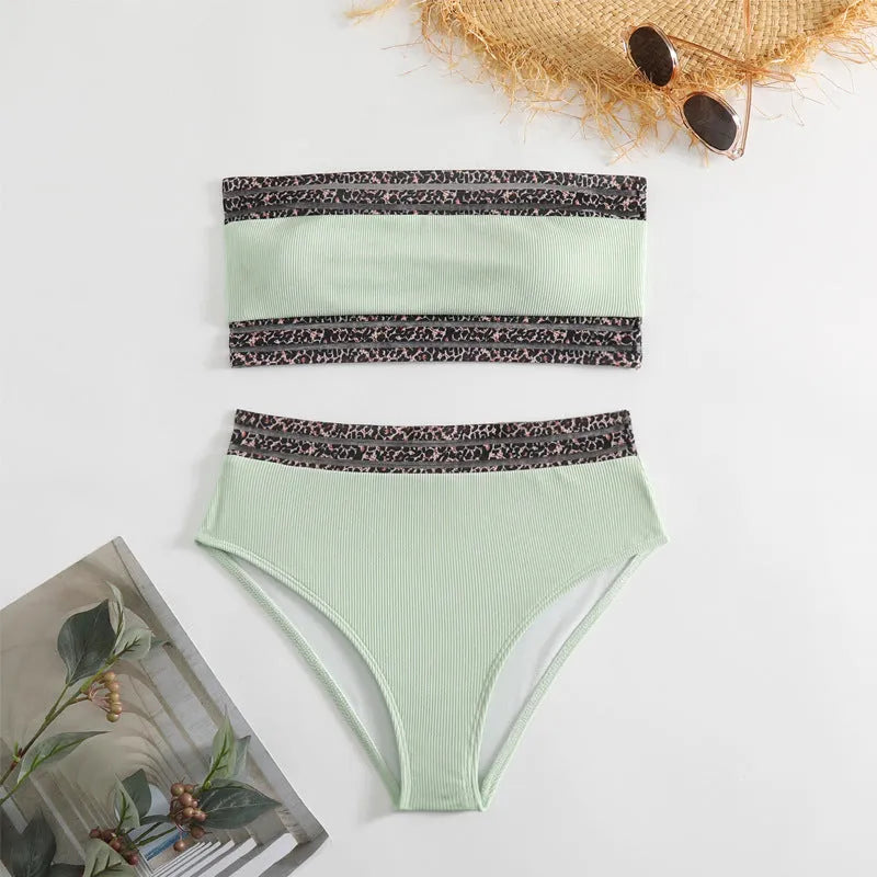 Black strapless leopard print split swimsuit bikini set with briefs