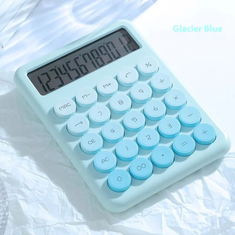 Gradient colour desk calculator showing violet, cherry blossom, blue and green shade options