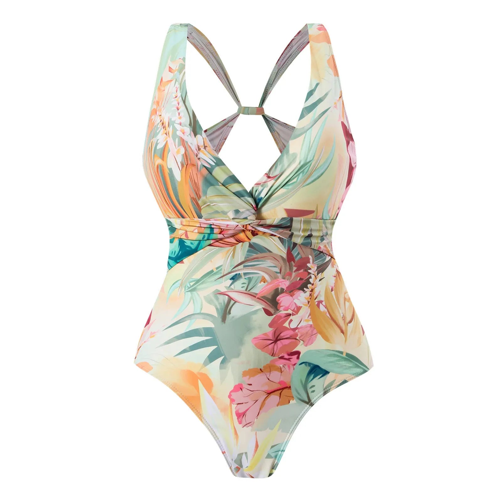 Women's yellow floral vintage print one-piece swimsuit with short sleeves on a mannequin.