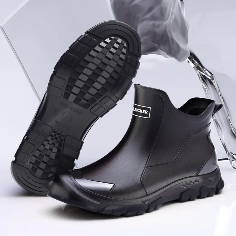 Korean-style short tube PVC rain boot in beige colour with round toe and flat heel.