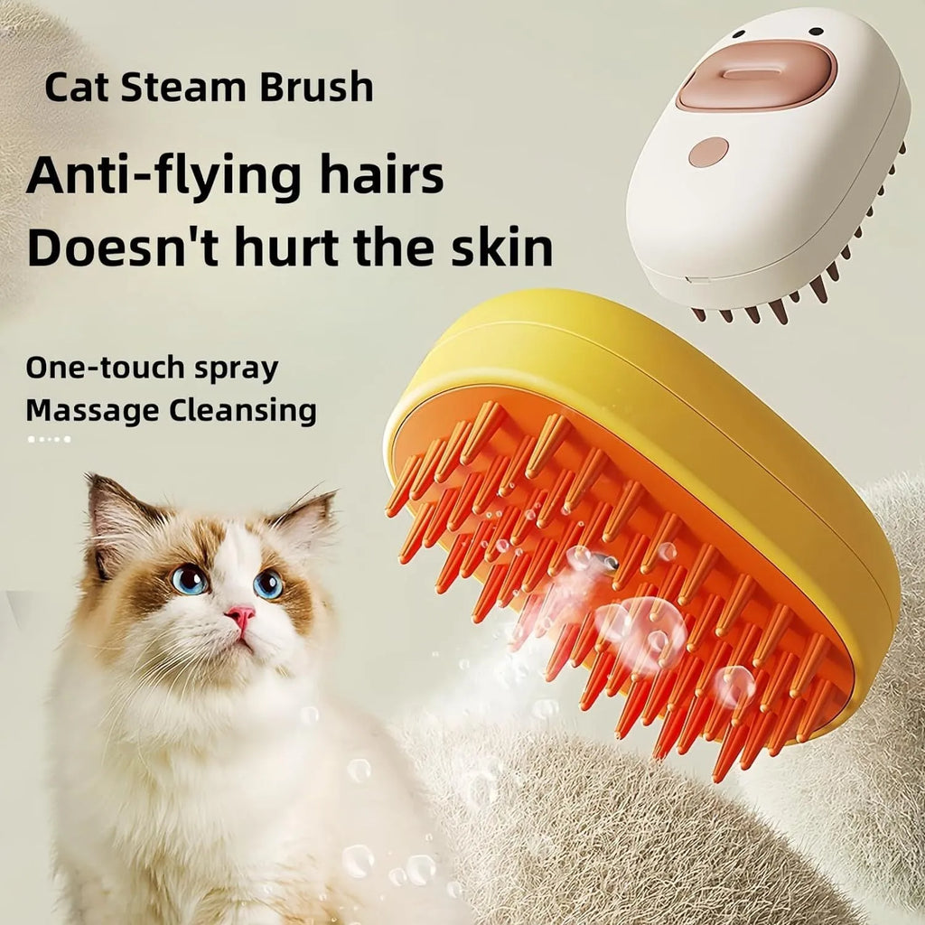 White and yellow silicone steam pet brush for grooming dogs and cats with a water tank.