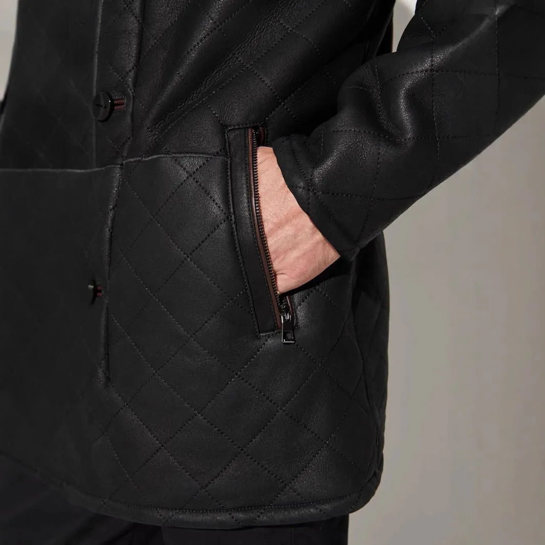 Quilted fur coat in black with button front and long length, British style, polyester lining