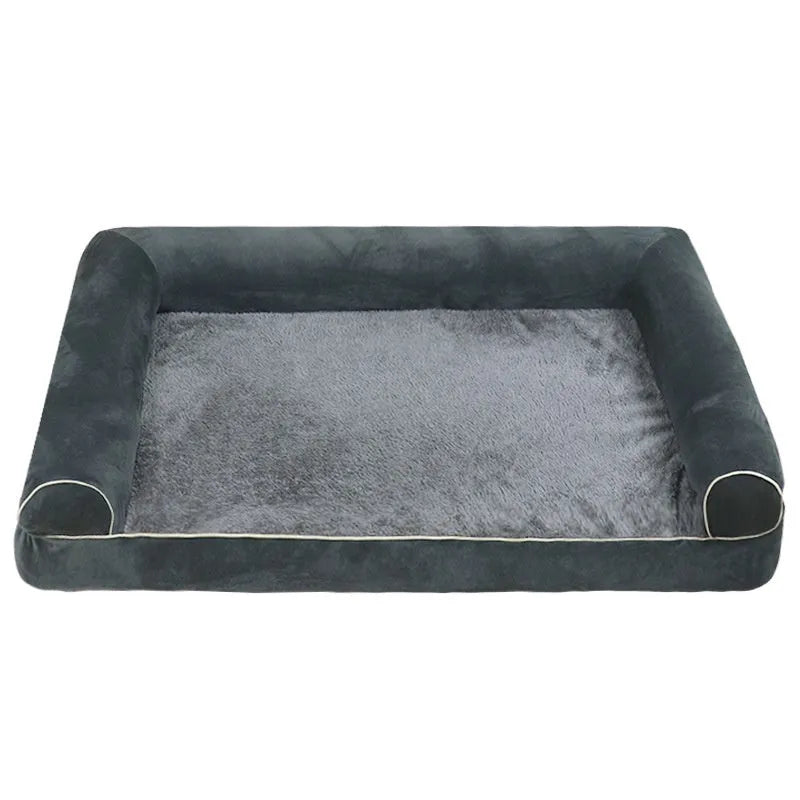 Square cloth dog bed with breathable sponge cushion in blue, shown with size options.