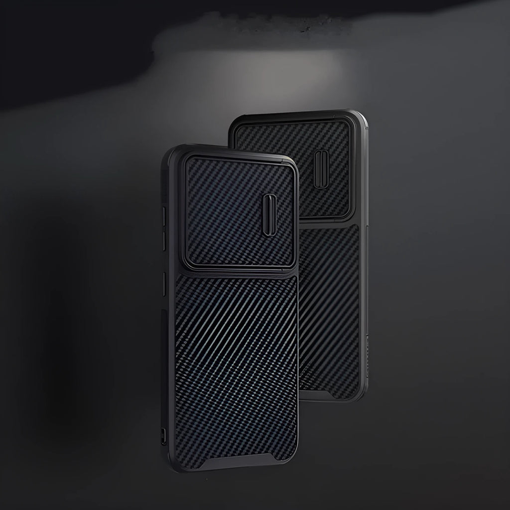 Black Samsung S23 Ultra phone case with lens push cover and carbon fibre elements