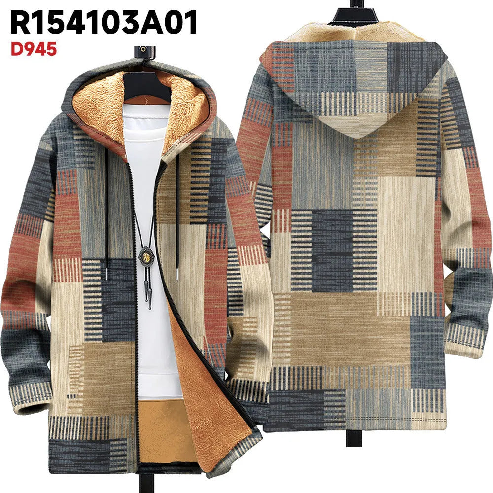 Man wearing a loose-fit zip-up hooded cardigan with a multicolour digital print pattern.