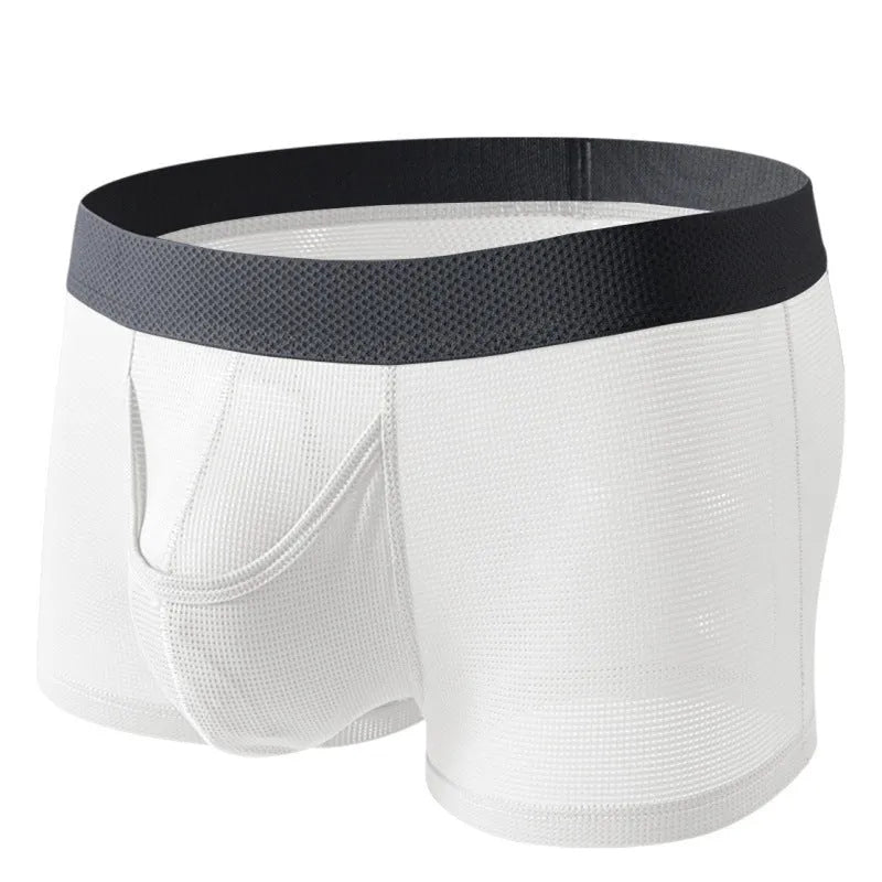 Men's low waist ice silk boxer briefs in black, shown flat.