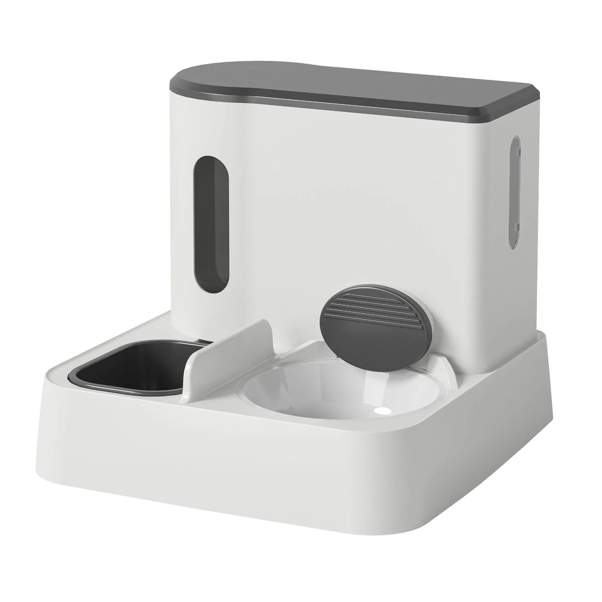 Grey automatic cat feeder and water dispenser unit with integrated double bowls