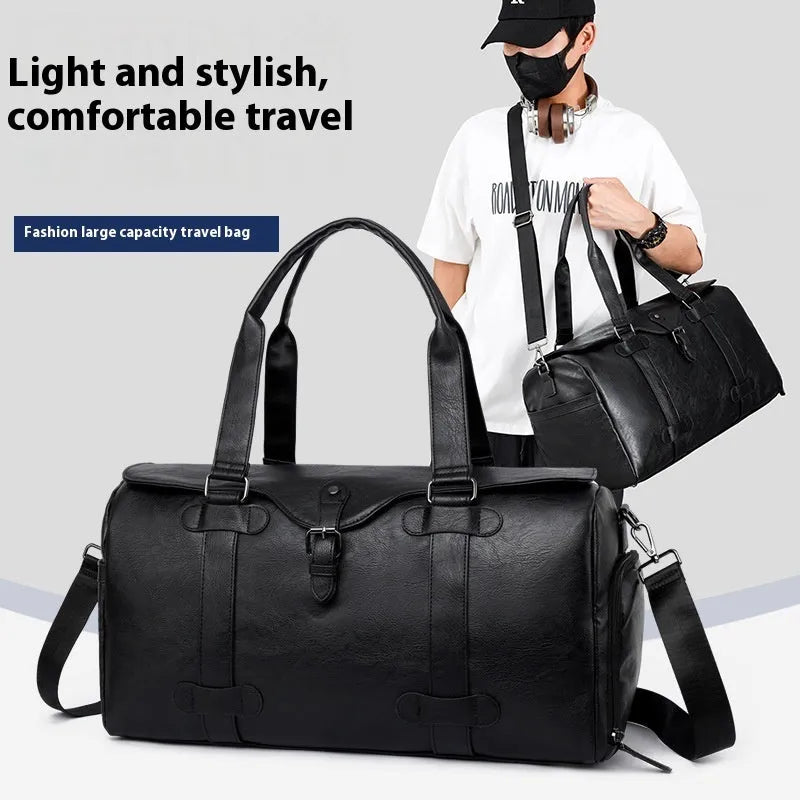 Black PU men's travel bag with large capacity, waterproof and wear-resistant, 52x27x27cm