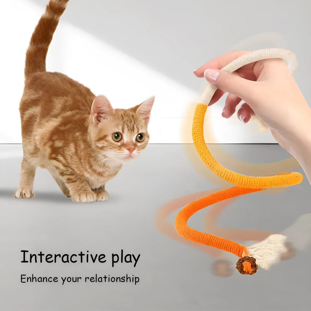 70cm long cat bite rope toy in colours purple, orange, and red with green, made of cotton string.