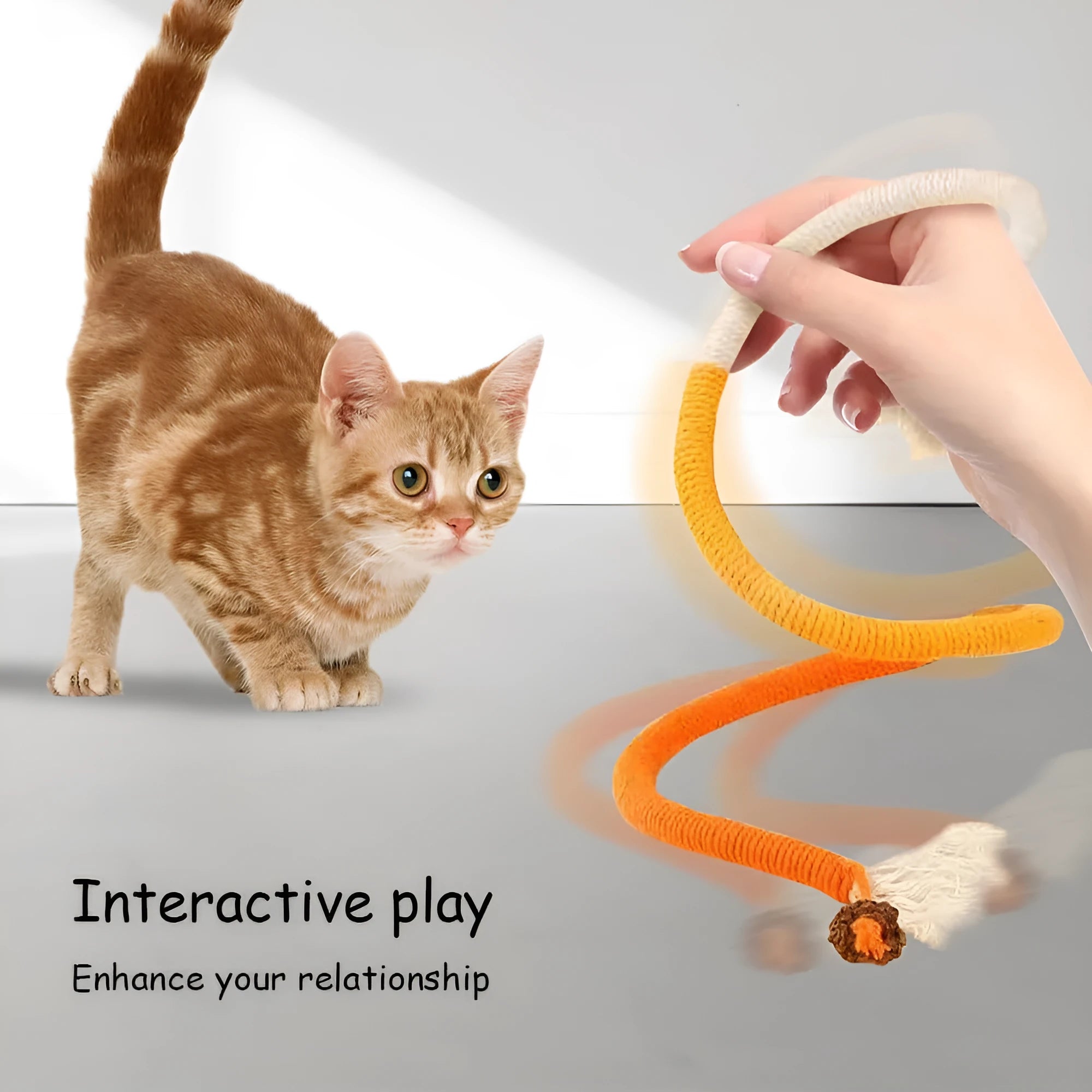 70cm long cat bite rope toy in colours purple, orange, and red with green, made of cotton string.