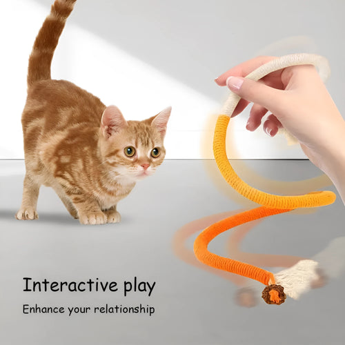 70cm long cat bite rope toy in colours purple, orange, and red with green, made of cotton string.