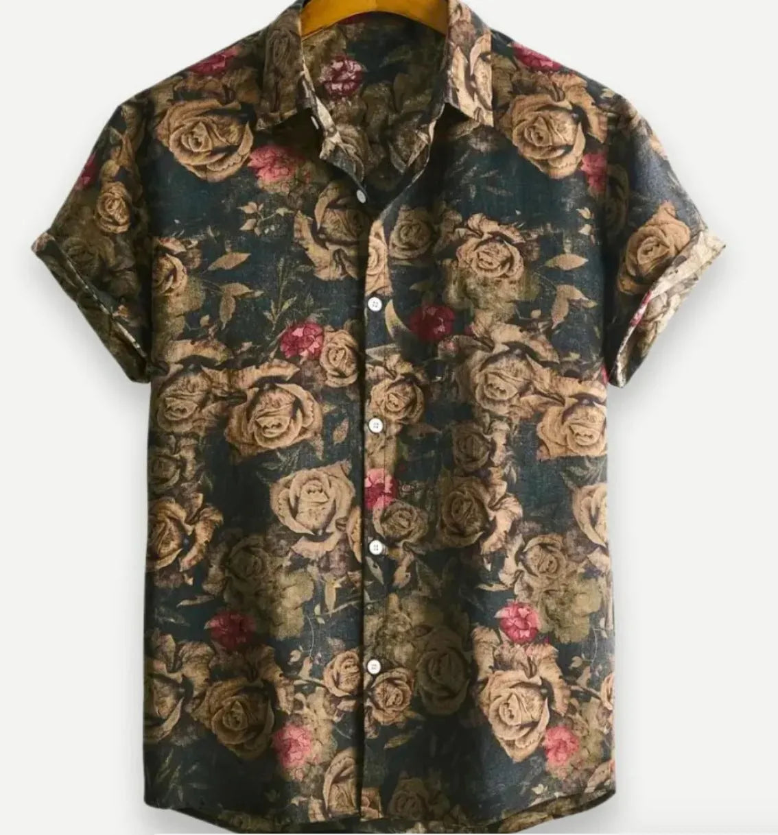 Hawaiian floral print short sleeve lapel cardigan shirt with elastic polyester fabric