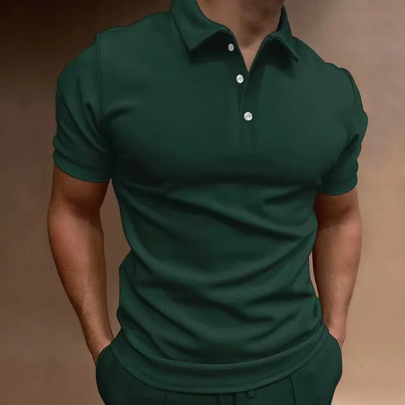 Men's loose fit button-front short sleeve T-shirt in cotton blend fabric