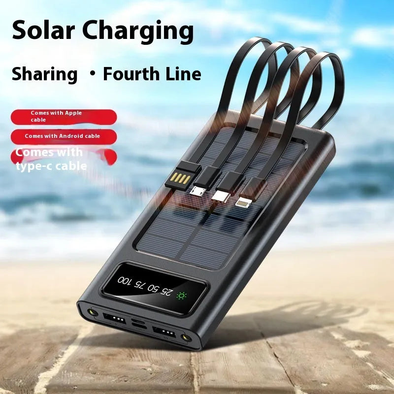 Solar power bank with integrated cables showing black plastic shell and solar panel