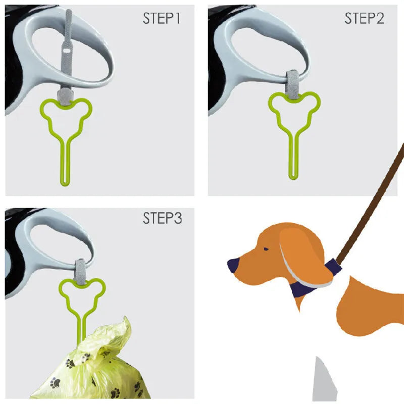 Hands-free dog poop bag holder with black velcro strap and clip attached to a dog leash.