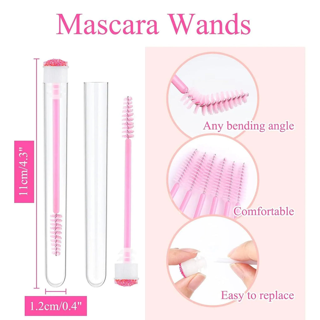 Set of coloured disposable eyelash spoolie brushes inside clear plastic storage tubes.