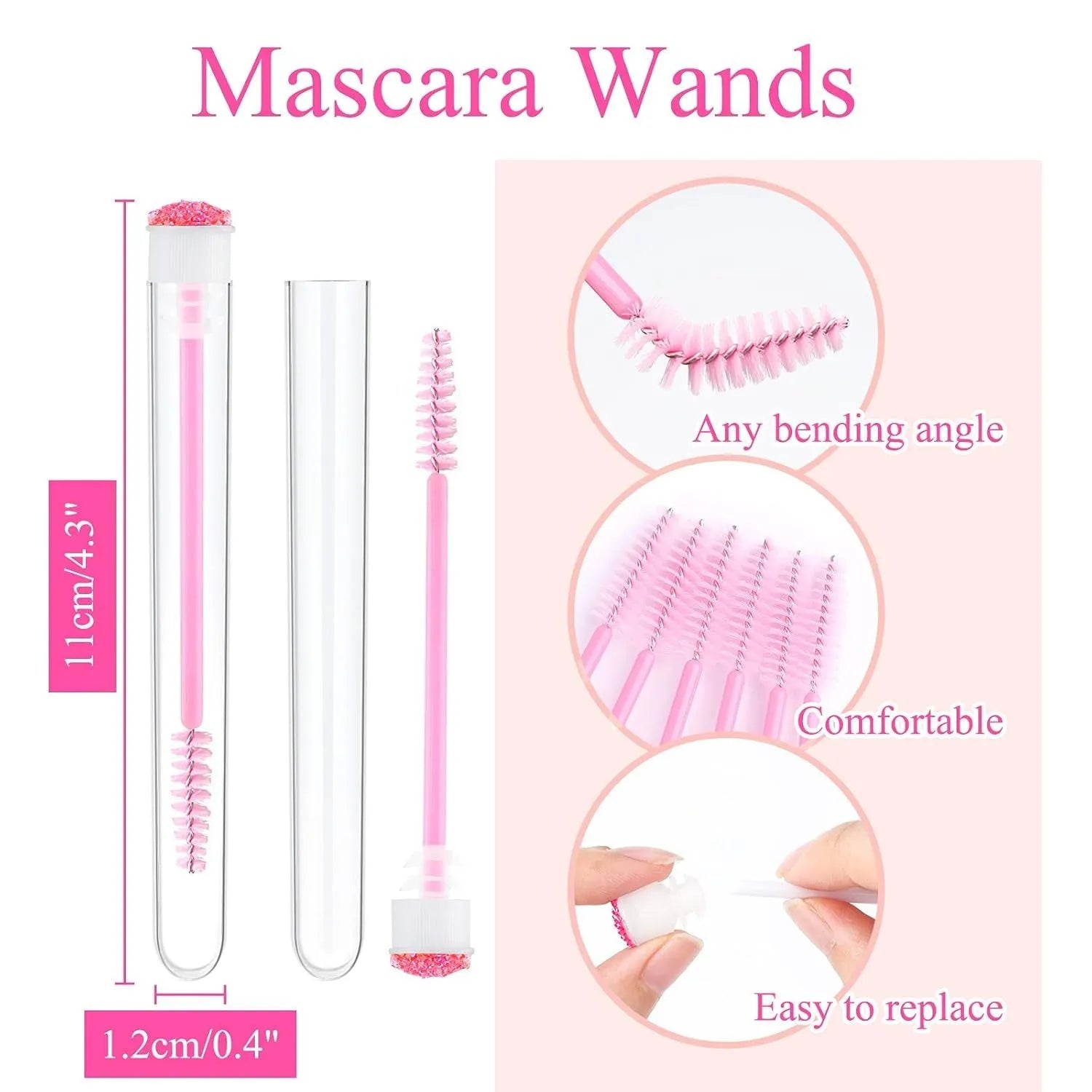 Set of coloured disposable eyelash spoolie brushes inside clear plastic storage tubes.