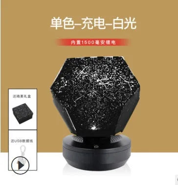 LED star projector night light showing constellation projection on a bedroom ceiling with remote control.