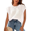 White loose-fitting shirt cover sweater with crochet sleeve detailing and round neck