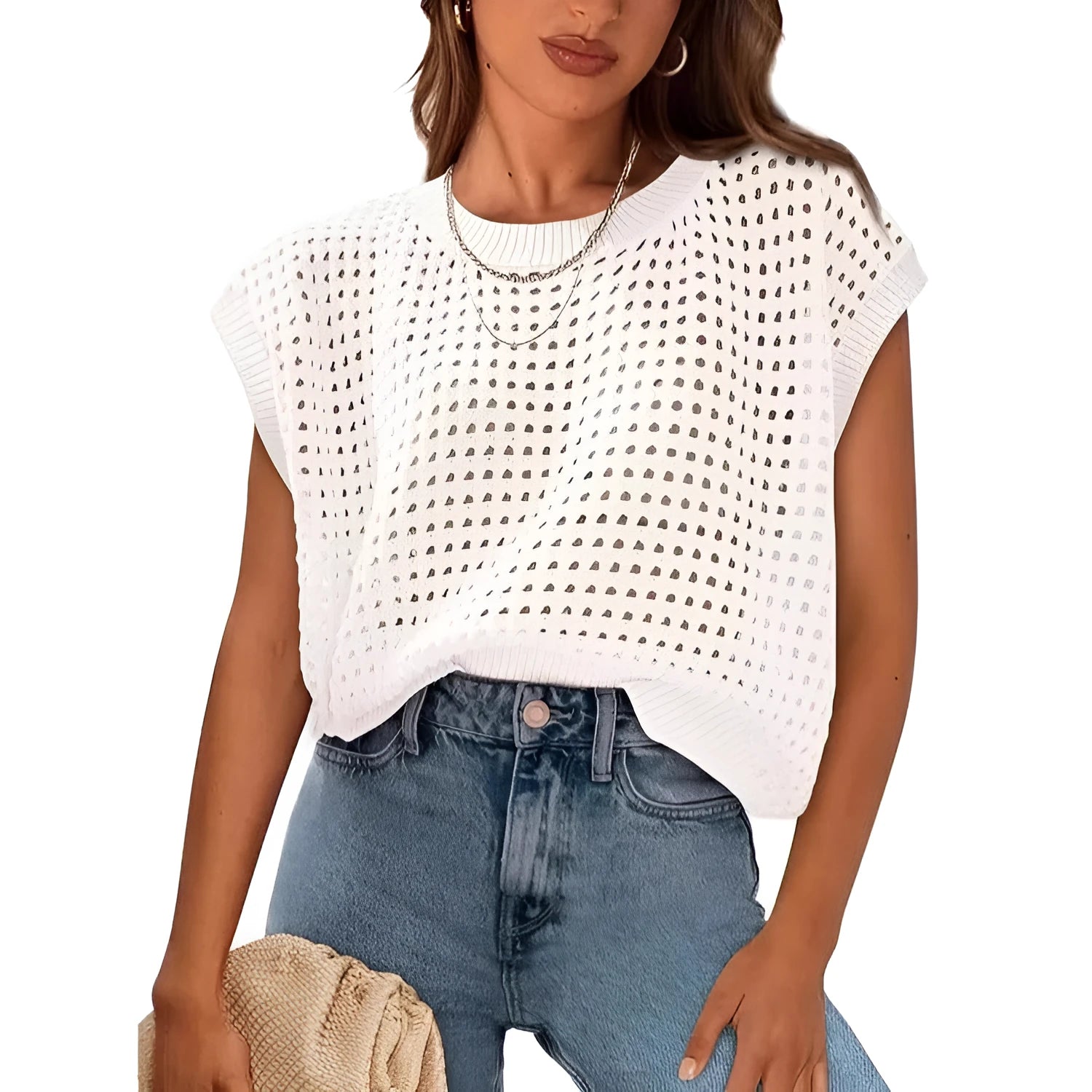 White loose-fitting shirt cover sweater with crochet sleeve detailing and round neck