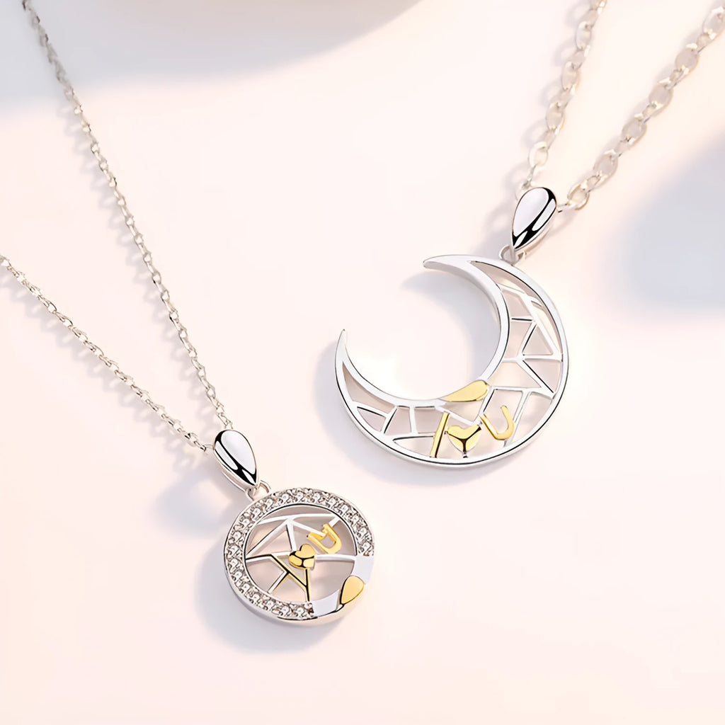 Sun moon couple necklace set with copper pendants and cross chain design