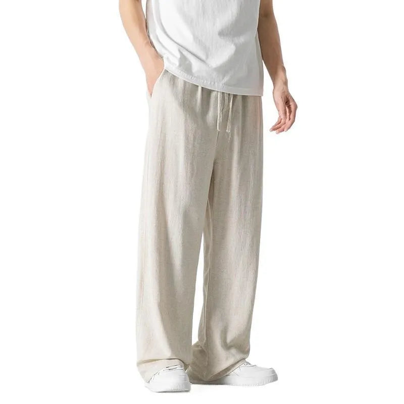 Men's bamboo fibre linen trousers in straight leg cut with cropped length and drawstring waist