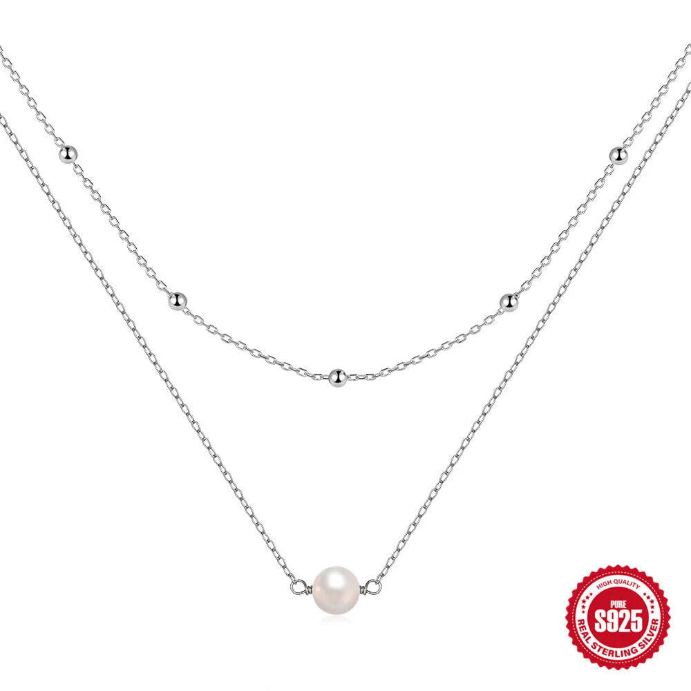 S925 sterling silver women's double layer pearl necklace with ball bead chain in gold colour