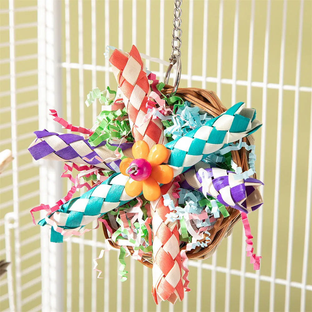 Parrot gnawing molar chew toy with wooden beads, rope, and metal bells in three configuration options