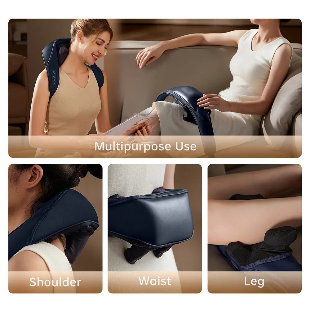 Kneading shoulder massager with heat therapy and 2 speed modes in blue colour