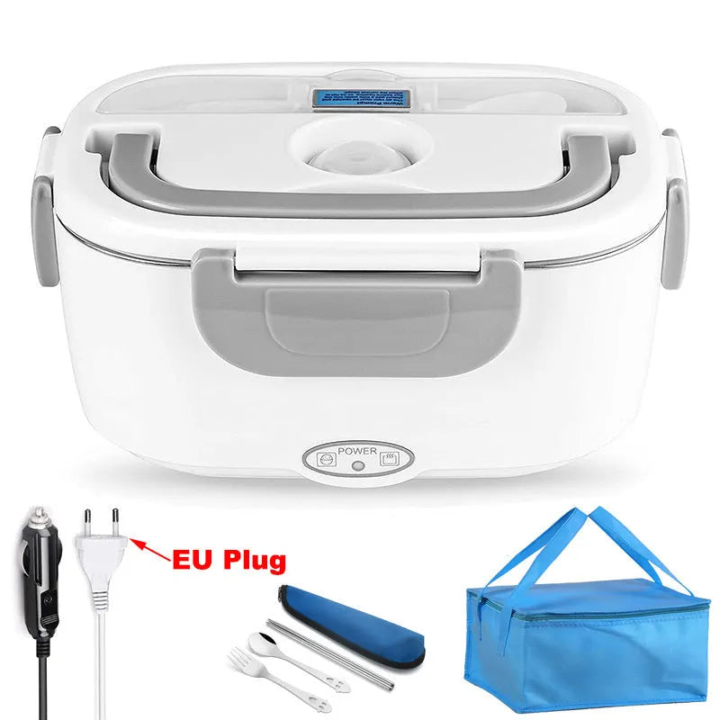 Grey dual-power electric lunch box for car and home with stainless steel pot and mechanical dial.