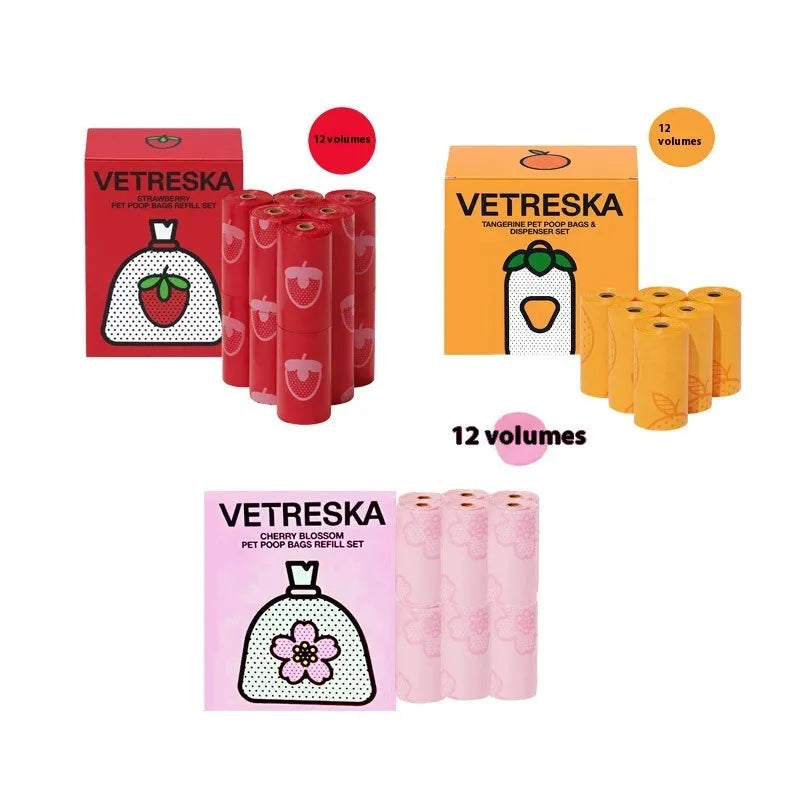 Thickened plastic dog poo bag holder capsule with scented biodegradable refill in strawberry, orange or cherry blossom design